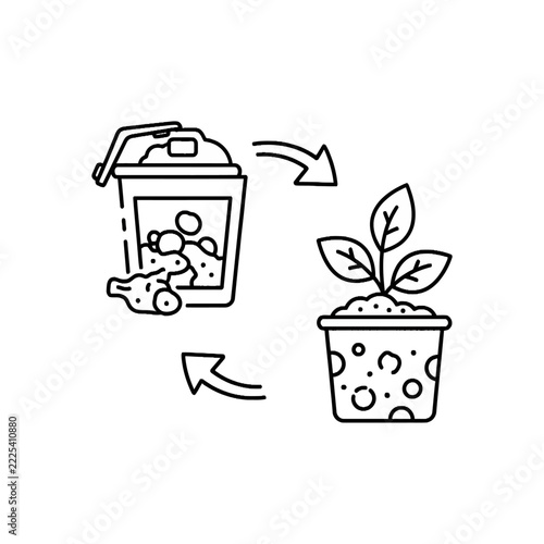 Composting Cycle Icon with Organic Waste and Potted Plant