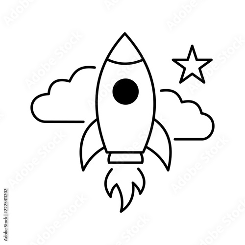 Simple line art icon of a rocket ship launching into space with clouds and star.