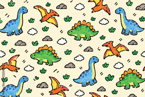 Colorful dinosaur seamless vector pattern featuring cute hand drawn prehistoric creatures on paper background