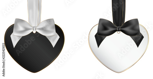 Luxury Black and White Heart Price Tags Set With Silk Bows and Gold Outline Isolated on Transparent Background PNG Clip Art