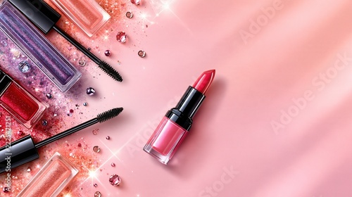 Glamorous Makeup Products with Glitter and Gems on a Pink Background
