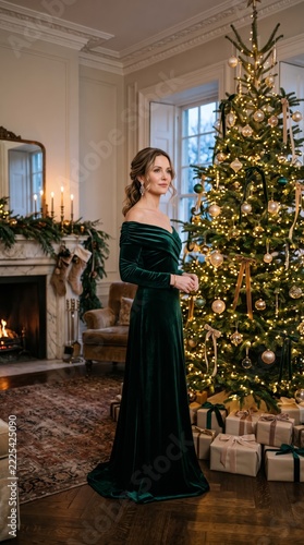 Elegant Woman in Evening Gown Beside a Luxury Christmas Tree