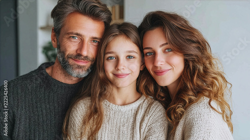 Smiling Family Portrait with Parents and Daughter Together at Home