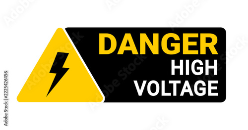 Modern high voltage danger warning sign.  Flat vector electrical hazard icon with text by right on black background.