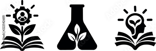 Silhouettes of growth concepts with gear flask and head shapes on white background