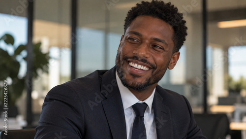 Smiling Black Businessman in a Dark Suit in a Modern Office