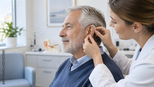 Hearing Care Professional Adjusting a Hearing Aid for an Older Patient