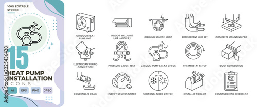 Heat Pump Installation Line Icon Set Featuring HVAC Units, Ground Source Loops, Refrigerant Lines and System Commissioning