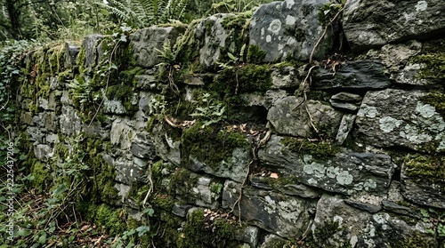 Old stone wall covered with green moss, aged rustic masonry texture with natural vegetation, forest garden background