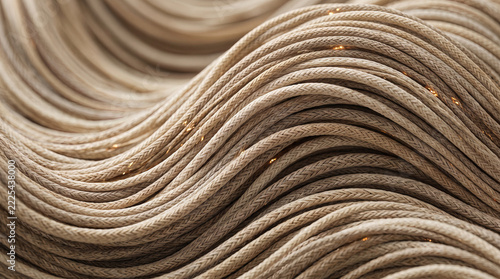 Macro close-up of smooth natural beige fiber waves and textured threads with warm glowing data points