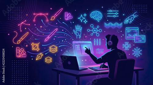 Digital artist working at desk with laptop surrounded by glowing neon creative design and artificial intelligence icons