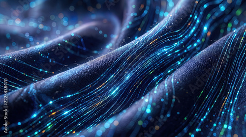 Macro abstract smooth dark fabric waves woven with glowing blue fiber optic data streams and light particles