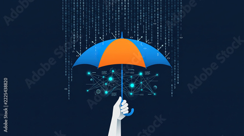 Human hand holding umbrella protecting digital network from falling matrix binary code concept of data privacy
