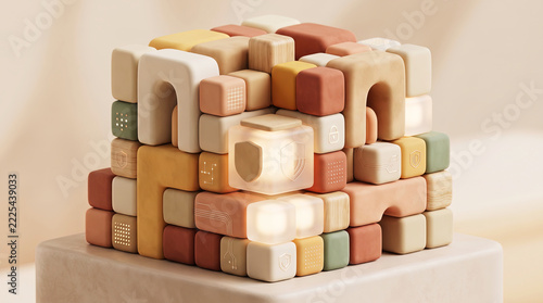 3D render of modular geometric cube structure with glowing glass data privacy shield cube in warm scandinavian colors