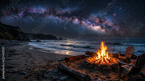 Beach bonfire under Milky Way and meteor shower at night