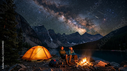 Camping by campfire and tent under Milky Way and shooting stars