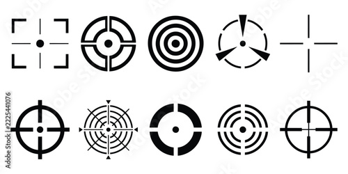 Crosshair and target vector silhouette set with optical scope viewfinder symbols on white background