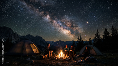 Camping under Milky Way stars with campfire and tents in mountains