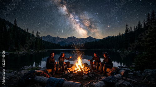 People at campfire under Milky Way and meteor shower at night