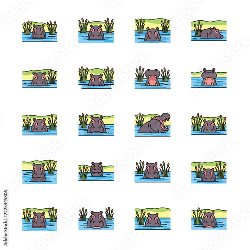 Cute Hippo Collection: A Set of Adorable Hippopotamus Characters in Water and Reeds