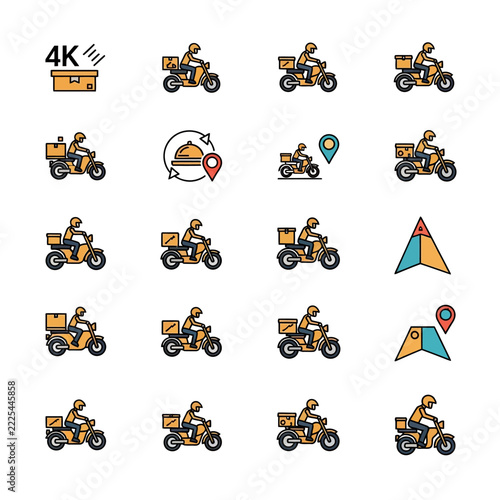 Delivery Service Icon Set with Motorcycle Couriers and Logistics Symbols