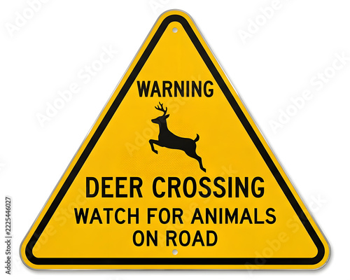Warning Deer Crossing Watch For Animals On Road Yellow Triangular Traffic Sign