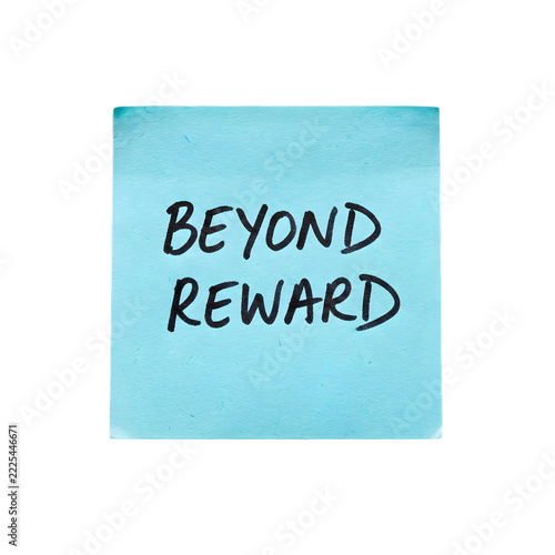 Blue adhesive note with beyond reward text with black ink transparent on transparent background
