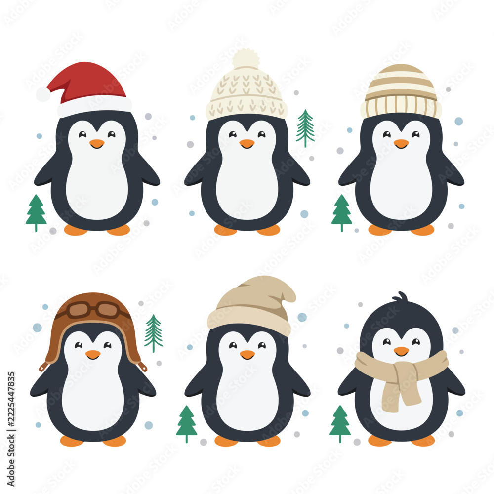 Fototapeta premium Six penguins in winter hats and scarves flat cartoon set