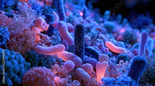 The scene displays a diverse gut microbiome ecosystem with hundreds of glowing bacteria in various shapes against a dark background.