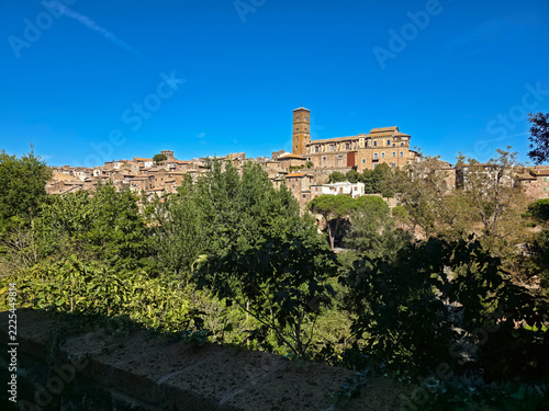 Scenic panoramic view of the ancient medieval town of Sutri with the Romanesque bell tower of Santa Maria Assunta Cathedral, Viterbo province, Lazio, Italy