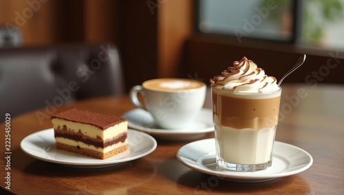 Assorted Coffee Drinks and Layered Dessert Beverages in a Cozy Café