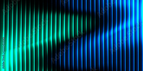 Abstract futuristic background featuring glowing vertical neon lines in cyan and blue color gradient with a dynamic wavy shadow effect, digital technology and high-tech wallpaper concept.