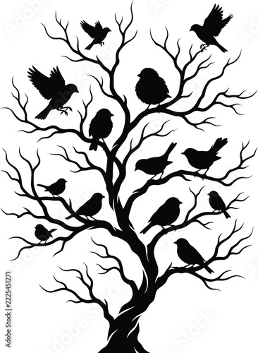 Black silhouette illustration of a bare tree with branches and perched birds, sparrows and flying birds, for nature, wildlife and home decor design
