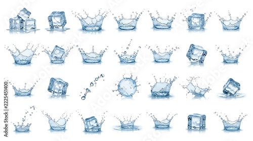 Collection of transparent ice cubes falling into crystal clear water creating magnificent dynamic splashes and droplets isolated against a pure white background