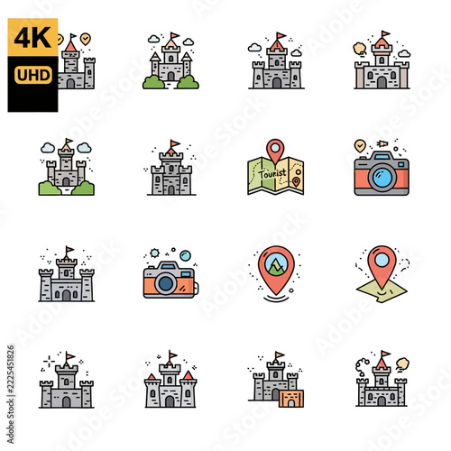 Set of Castle and Travel Icons for Tourism Design