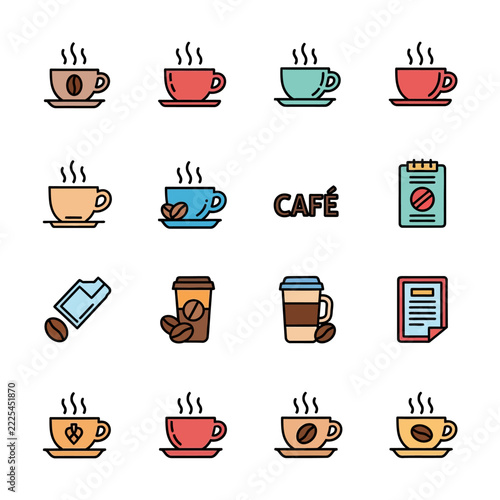 Set of Colorful Coffee Shop and Beverage Icons