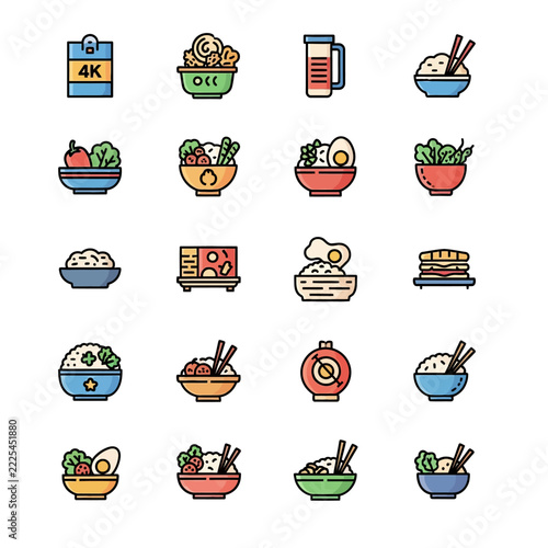 Set of Colorful Asian Food and Meal Line Icons