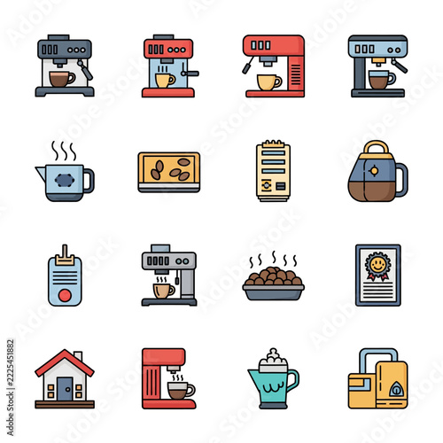 Set of Coffee Machine and Barista Equipment Line Icons