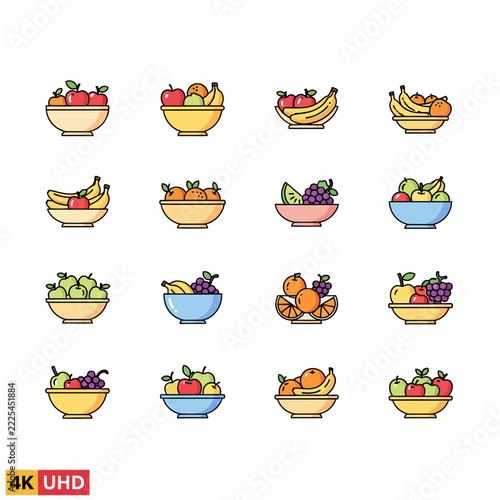 Set of Colorful Fruit Bowl Vector Icons