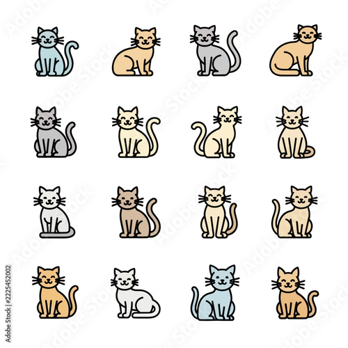 Set of Cute Cartoon Cat Icons in Various Poses and Colors