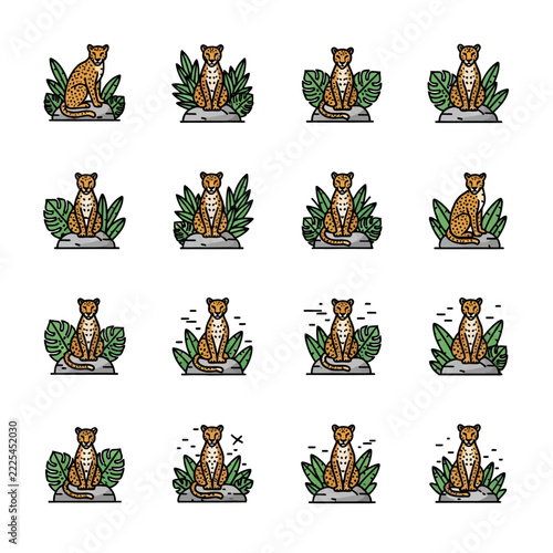 Set of Cute Cheetah Vector Icons in Jungle Style