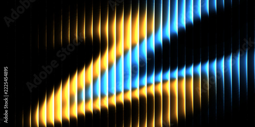 Abstract Glowing Number Five Formed by Vibrant Blue and Golden Light Streaks Behind Vertical Slats on Black Background, Creative Digital Art Representation of Numeric Symbol 5
