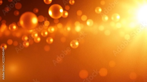 Abstract Golden Orange Bokeh Background with Glowing Translucent Spheres and Bright Light Flare, Copy Space