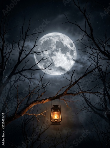 Glowing lantern hanging from bare tree branch under large full moon. Dark leafless forest at night with stars and clouds. Halloween background with spooky atmosphere.
