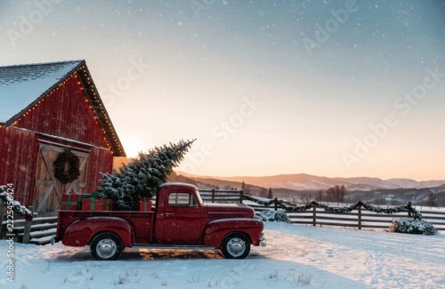 Vintage red truck transporting Christmas tree amidst scenic snow-covered winter landscape