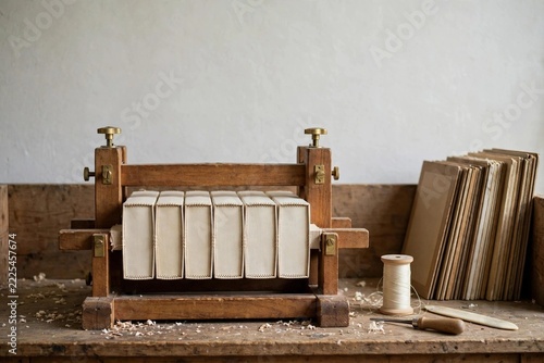 Stitched book blocks clamped in a traditional bookbinding press
