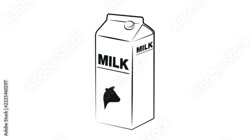Classic milk carton box with MILK text label and cow head vector icon. Black line art style on white background. Clean outline dairy paper packaging with plastic screw cap for grocery store menu