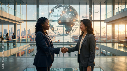 businesswomen shaking hands in a modern office with global globe behind them