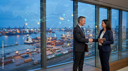 Business professionals engaging in a handshake and discussion during a corporate meeting with a city skyline and digital global