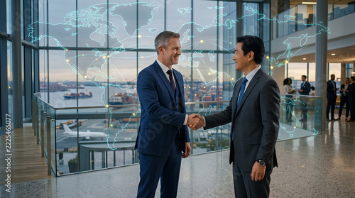 Business professionals shaking hands in modern corporate environment with global digital map backdrop emphasizing international